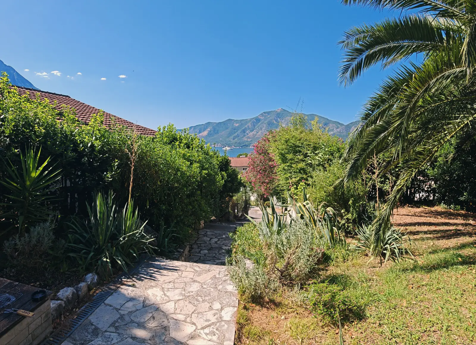 Meditation Orahovac house with green garden and palm trees