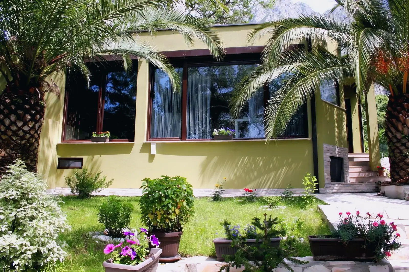 Meditation Orahovac house with green garden and palm trees